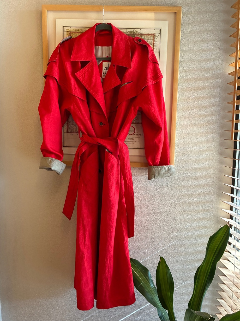 Vintage Korean 'j. gallery' Bright Red Water Resistant Trench Coat with Belt